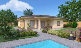 Popular L-shaped masonry house project with a terrace and a hip roof.